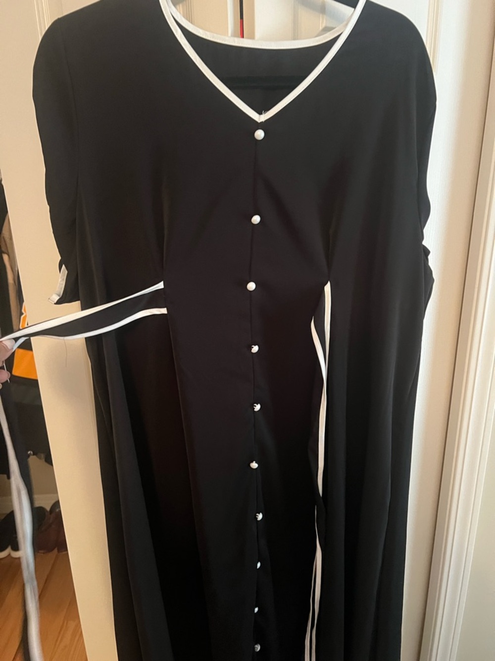 SHEIN Black Maternity Maxi Dress with White Trim and Pearl Buttons